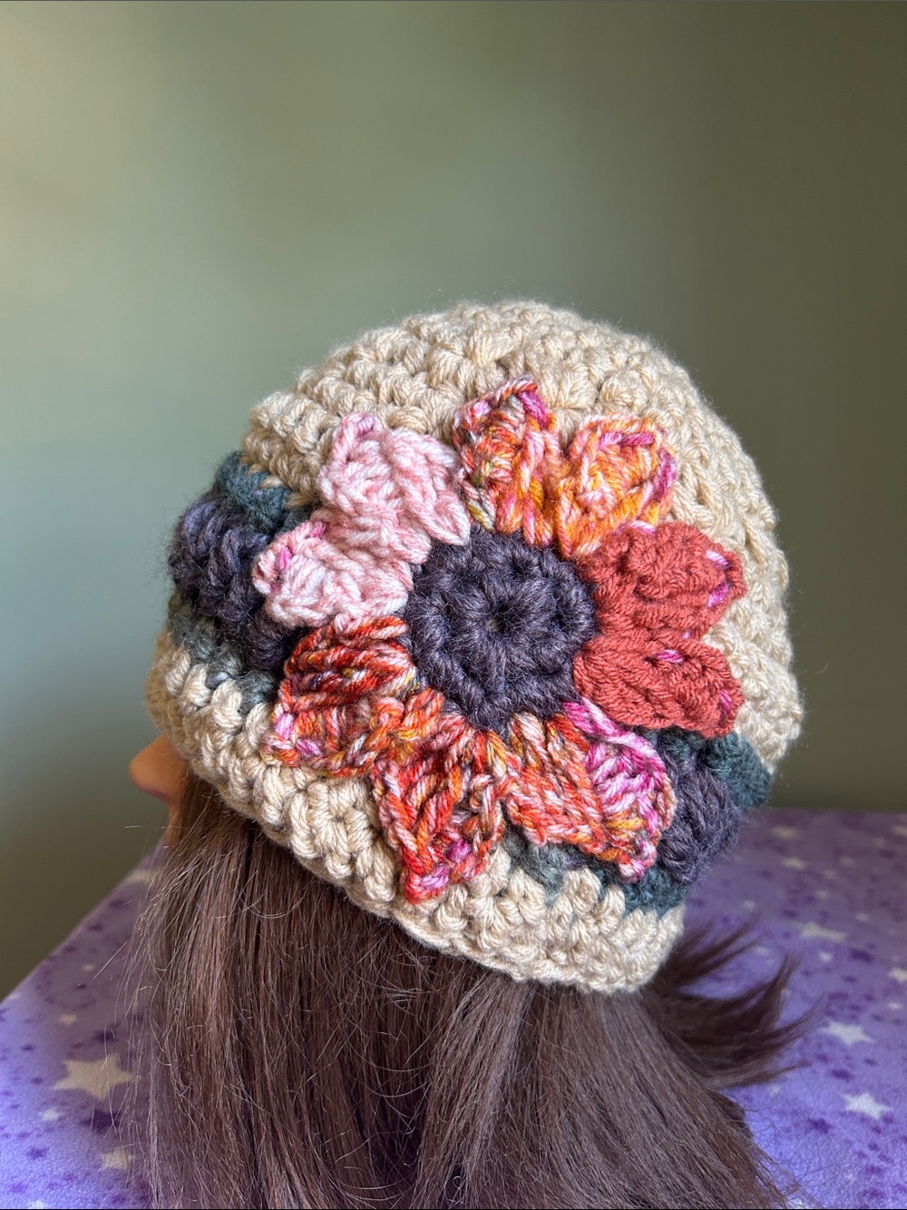 Handmade hemp acrylic Crochet Beanie with boho patchwork Flower medium pretty